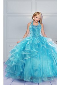 Halter Top Sleeveless Lace Up Pageant Gowns For Girls Aqua Blue Organza