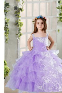 Stylish Lavender Sleeveless Floor Length Beading and Ruffled Layers Lace Up Girls Pageant Dresses