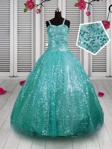 Perfect Sequins Straps Sleeveless Lace Up Kids Formal Wear Turquoise Sequined