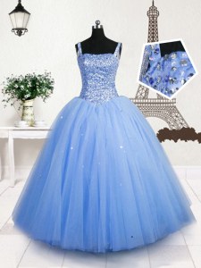 Baby Blue Straps Neckline Beading and Sequins Little Girls Pageant Dress Sleeveless Lace Up