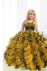 Hot Selling Organza Straps Sleeveless Lace Up Beading and Ruffles Kids Formal Wear in Multi-color