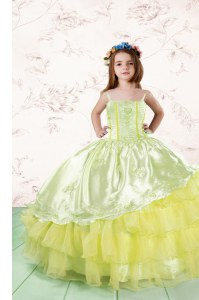 Light Yellow Ball Gowns Organza Spaghetti Straps Sleeveless Lace and Ruffled Layers Floor Length Lace Up Child Pageant Dress