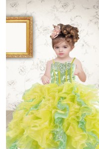 High Quality Multi-color Sleeveless Floor Length Beading and Ruffles and Sequins Lace Up Little Girls Pageant Gowns