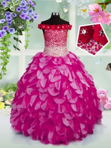 Great Off the Shoulder Floor Length Fuchsia Party Dresses Organza Sleeveless Beading and Hand Made Flower