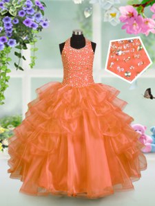 Halter Top Sleeveless Beading and Ruffled Layers Lace Up Kids Formal Wear