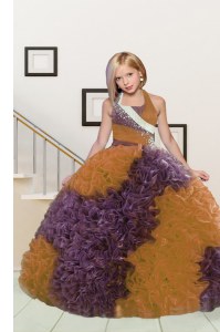 Halter Top Floor Length Ball Gowns Sleeveless Purple and Orange Kids Formal Wear Lace Up