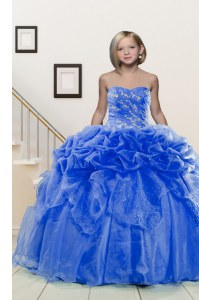 Pick Ups Ball Gowns Little Girls Pageant Dress Blue Sweetheart Organza Sleeveless Floor Length Lace Up