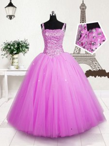Affordable Rose Pink Ball Gowns Straps Sleeveless Tulle Floor Length Lace Up Beading and Sequins Womens Party Dresses
