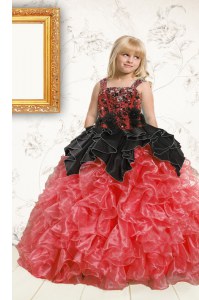 Sleeveless Floor Length Beading and Ruffles Lace Up Party Dress for Girls with Black and Orange