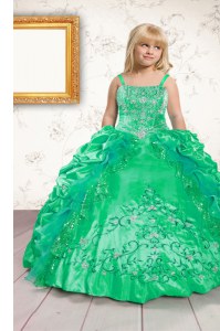 Sweet Green Spaghetti Straps Neckline Beading and Appliques and Pick Ups Little Girls Pageant Gowns Sleeveless Lace Up