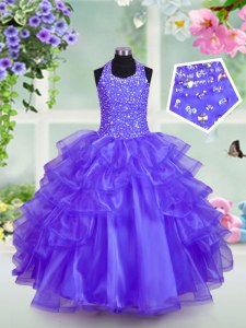 Unique Halter Top Blue Ball Gowns Beading and Ruffled Layers Party Dresses Lace Up Organza Sleeveless