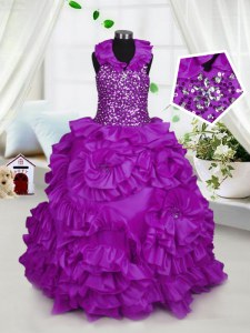 Excellent Taffeta Halter Top Sleeveless Zipper Beading Little Girls Pageant Dress Wholesale in Purple