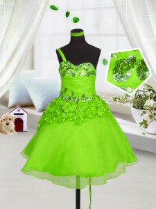 One Shoulder Knee Length Casual Dresses Organza Sleeveless Beading and Hand Made Flower