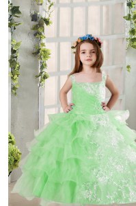 Apple Green Square Neckline Lace and Ruffled Layers Little Girls Pageant Gowns Sleeveless Lace Up