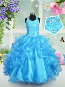 Classical Aqua Blue Ball Gowns Organza Halter Top Sleeveless Beading and Ruffled Layers Floor Length Lace Up Little Girls Pageant Gowns