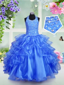 Halter Top Sleeveless Beading and Ruffled Layers Lace Up Little Girl Pageant Gowns