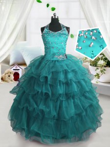 Turquoise Ball Gowns Organza Spaghetti Straps Sleeveless Beading and Ruffled Layers Floor Length Lace Up Custom Made