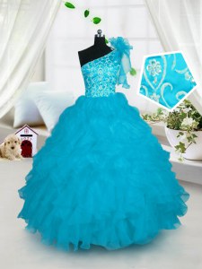 Excellent One Shoulder Sleeveless Floor Length Embroidery and Ruffles Lace Up Teens Party Dress with Turquoise