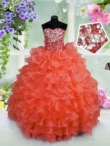 Sleeveless Floor Length Ruffled Layers and Sequins Lace Up Kids Pageant Dress with Coral Red