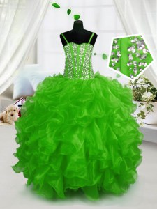 Green Sleeveless Floor Length Beading and Ruffles Lace Up Kids Pageant Dress