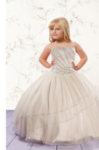 Super Champagne Lace Up Strapless Beading Kids Formal Wear Tulle Sleeveless