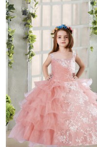 Organza Sleeveless Floor Length Little Girl Pageant Dress and Lace and Ruffled Layers