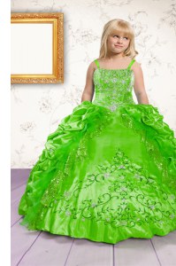 Best Green Satin Lace Up Child Pageant Dress Sleeveless Floor Length Beading and Appliques and Pick Ups