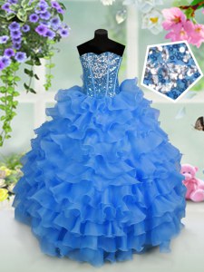 Light Blue Sweetheart Lace Up Ruffled Layers and Sequins Party Dress for Toddlers Sleeveless