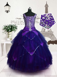 Fashion Purple Sleeveless Beading and Belt Floor Length Pageant Gowns For Girls