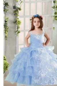Ruffled Floor Length Ball Gowns Long Sleeves Baby Blue Girls Pageant Dresses Lace Up