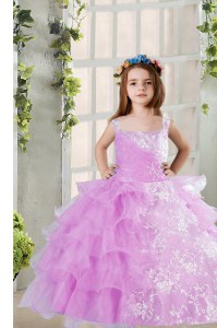 Wonderful Sleeveless Floor Length Lace and Ruffled Layers Lace Up Kids Formal Wear with Lavender