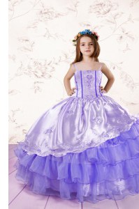 Admirable Spaghetti Straps Sleeveless Little Girls Pageant Dress Wholesale Floor Length Embroidery and Ruffled Layers Lavender Organza