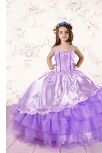 Lavender Organza Lace Up Little Girls Pageant Dress Wholesale Sleeveless Floor Length Embroidery and Ruffled Layers