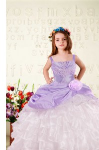 Lilac Organza Lace Up Little Girls Pageant Dress Sleeveless Floor Length Beading and Ruffled Layers and Hand Made Flower