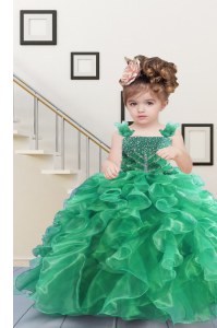 Apple Green Ball Gowns Organza Straps Sleeveless Beading and Ruffles Floor Length Lace Up Pageant Gowns For Girls