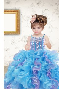 Multi-color Ball Gowns Organza Spaghetti Straps Sleeveless Beading and Ruffles and Sequins Floor Length Lace Up Girls Pageant Dresses