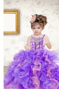 Sequins Floor Length Multi-color Kids Pageant Dress Spaghetti Straps Sleeveless Lace Up
