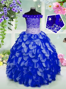 Royal Blue Little Girl Pageant Gowns Party and Wedding Party and For with Beading and Hand Made Flower Off The Shoulder Sleeveless Lace Up