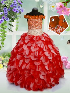 Off the Shoulder High Low Red Little Girl Pageant Dress Organza Sleeveless Beading and Hand Made Flower
