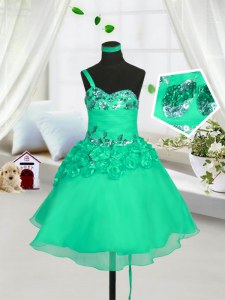 One Shoulder Turquoise A-line Beading and Hand Made Flower Child Pageant Dress Lace Up Organza Sleeveless Knee Length