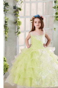 Pretty Light Yellow Ball Gowns Organza Square Sleeveless Lace and Ruffled Layers Floor Length Lace Up Kids Pageant Dress