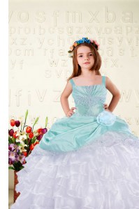 Discount Sleeveless Floor Length Beading and Ruffled Layers and Hand Made Flower Lace Up Party Dresses with Aqua Blue