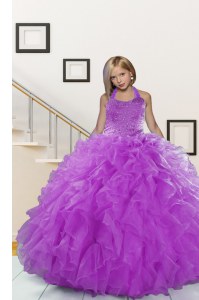 Best Halter Top Purple Organza Lace Up Girls Pageant Dresses Sleeveless Floor Length Beading and Ruffles
