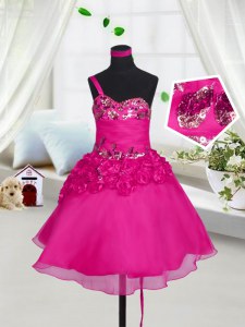 Fantastic Fuchsia Sweetheart Lace Up Beading and Hand Made Flower Little Girls Pageant Dress Sleeveless