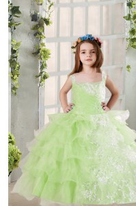 Ruffled Floor Length Ball Gowns Sleeveless Yellow Green Kids Formal Wear Lace Up
