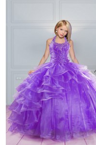 Lovely Halter Top Lavender Sleeveless Floor Length Beading and Ruffles Lace Up Little Girls Pageant Dress Wholesale