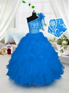 Cheap Ball Gowns Pageant Gowns For Girls Aqua Blue One Shoulder Organza Sleeveless Floor Length Lace Up
