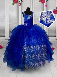 Popular Blue Sleeveless Appliques Floor Length Little Girls Pageant Dress Wholesale