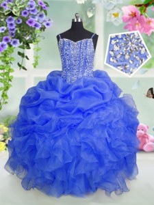 Baby Blue Sleeveless Floor Length Beading and Ruffles and Pick Ups Lace Up Little Girls Pageant Gowns