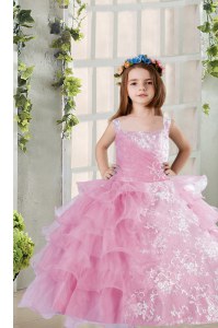 Simple Lilac Lace Up Kids Formal Wear Lace and Ruffled Layers Sleeveless Floor Length